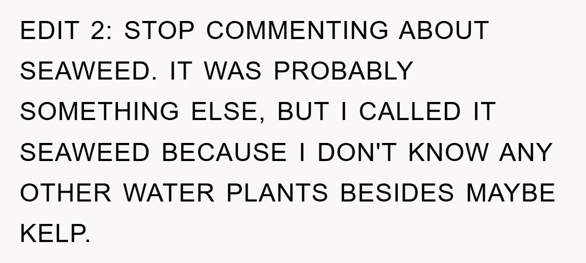 EDIT 2: STOP COMMENTING ABOUT SEAWEED. IT WAS PROBABLY SOMETHING ELSE, BUT I CALLED IT SEAWEED BECAUSE I DON'T KNOW ANY OTHER WATER PLANTS BESIDES MAYBE KELP.