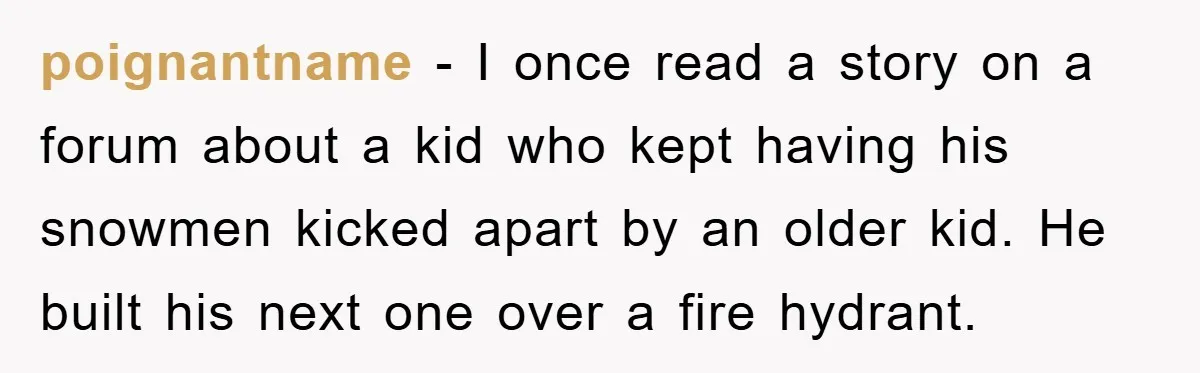 poignantname − I once read a story on a forum about a kid who kept having his snowmen kicked apart by an older kid. He built his next one over...