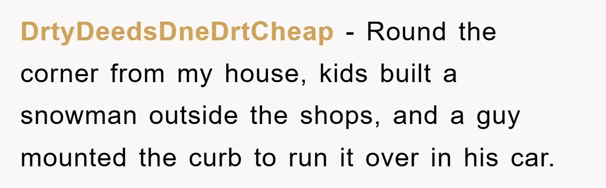 DrtyDeedsDneDrtCheap − Round the corner from my house, kids built a snowman outside the shops, and a guy mounted the curb to run it over in his car.