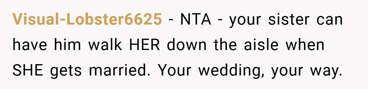Visual-Lobster6625 − NTA - your sister can have him walk HER down the aisle when SHE gets married. Your wedding, your way.