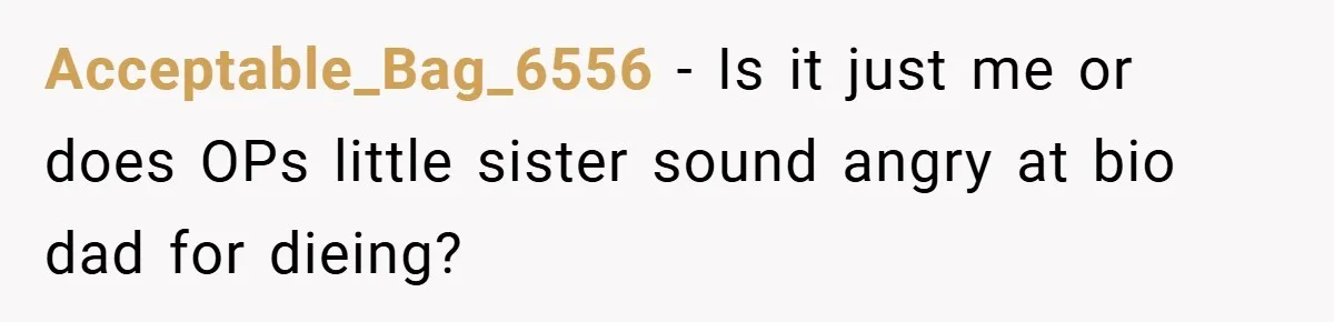 Acceptable_Bag_6556 − Is it just me or does OPs little sister sound angry at bio dad for dieing?