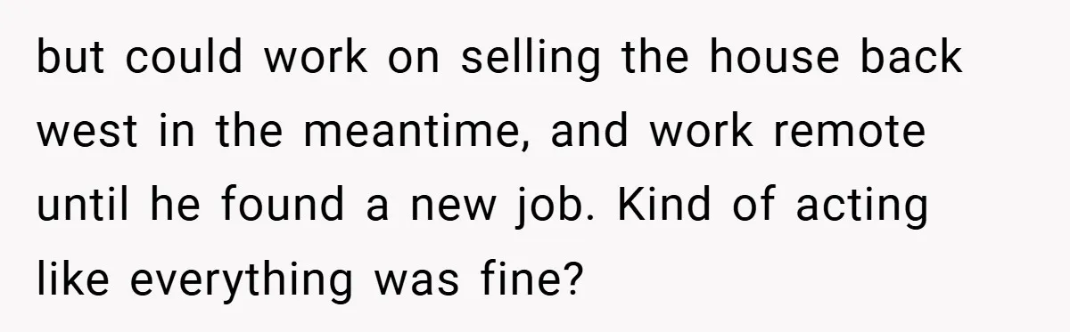 but could work on selling the house back west in the meantime, and work remote until he found a new job. Kind of acting like everything was fine?