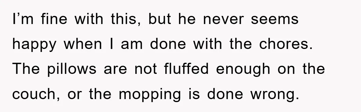 I’m fine with this, but he never seems happy when I am done with the chores. The pillows are not fluffed enough on the couch, or the mopping is done...