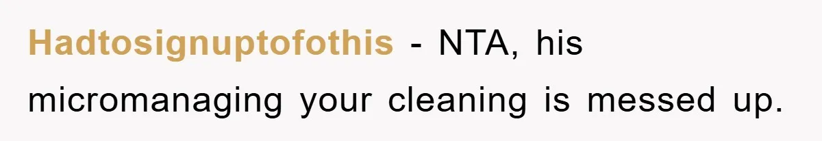 Hadtosignuptofothis − NTA, his micromanaging your cleaning is messed up.