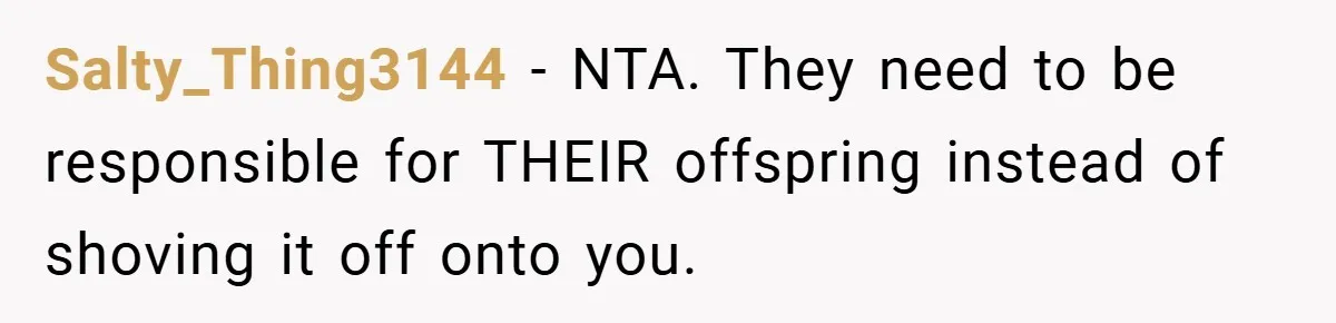 Salty_Thing3144 − NTA. They need to be responsible for THEIR offspring instead of shoving it off onto you.