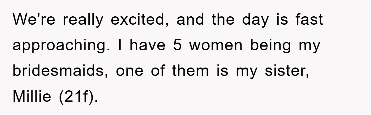 We're really excited, and the day is fast approaching. I have 5 women being my bridesmaids, one of them is my sister, Millie (21f).