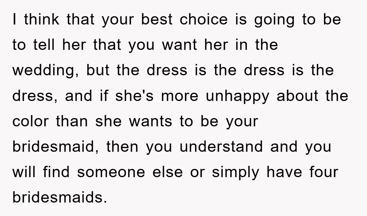 I think that your best choice is going to be to tell her that you want her in the wedding, but the dress is the dress is the dress, and...