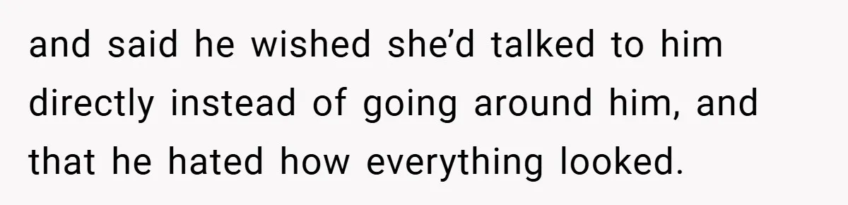 and said he wished she’d talked to him directly instead of going around him, and that he hated how everything looked.