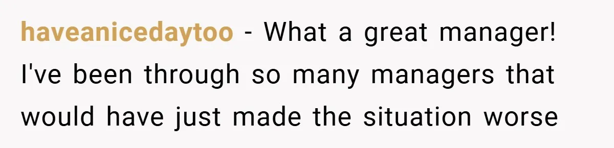 haveanicedaytoo − What a great manager! I've been through so many managers that would have just made the situation worse