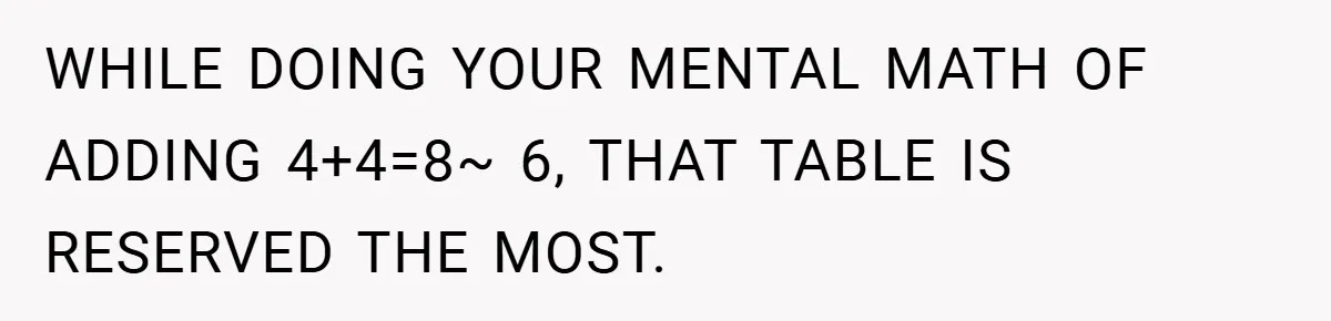 WHILE DOING YOUR MENTAL MATH OF ADDING 4+4=8~ 6, THAT TABLE IS RESERVED THE MOST.