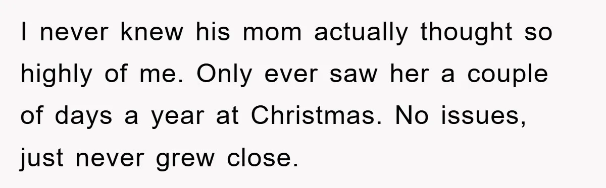 I never knew his mom actually thought so highly of me. Only ever saw her a couple of days a year at Christmas. No issues, just never grew close.