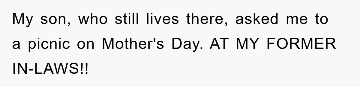 My son, who still lives there, asked me to a picnic on Mother's Day. AT MY FORMER IN-LAWS!!