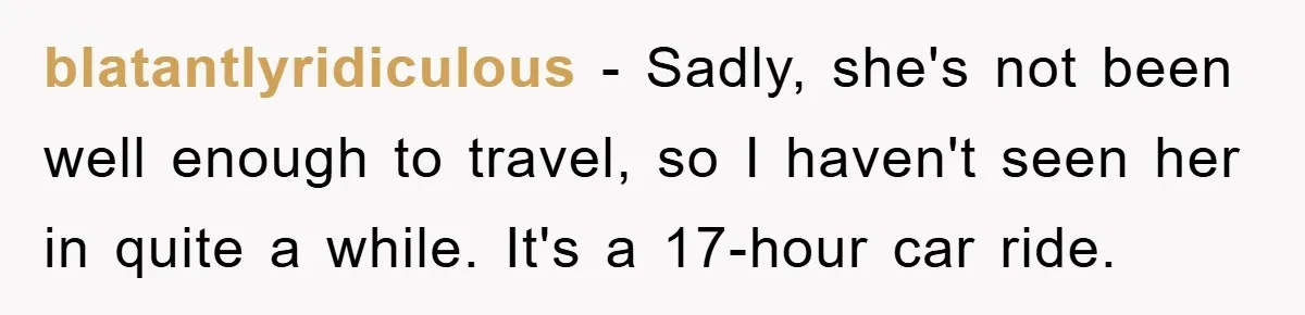 blatantlyridiculous − Sadly, she's not been well enough to travel, so I haven't seen her in quite a while. It's a 17-hour car ride.