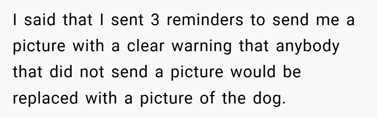 I said that I sent 3 reminders to send me a picture with a clear warning that anybody that did not send a picture would be replaced with a picture...