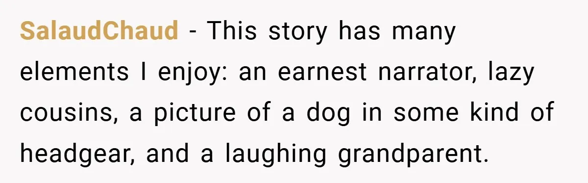 SalaudChaud − This story has many elements I enjoy: an earnest narrator, lazy cousins, a picture of a dog in some kind of headgear, and a laughing grandparent.