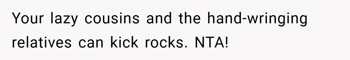 Your lazy cousins and the hand-wringing relatives can kick rocks. NTA!