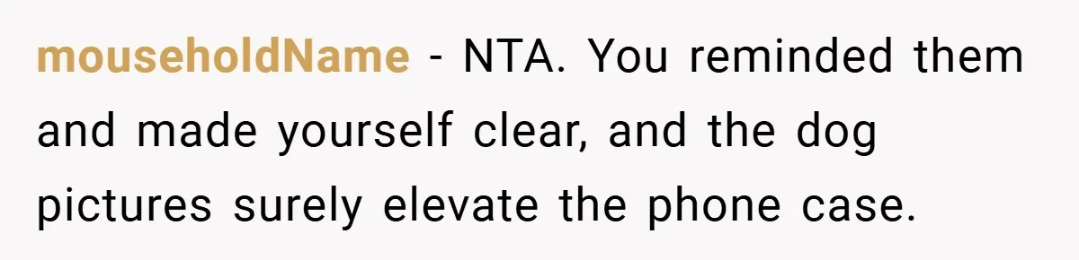 mouseholdName − NTA. You reminded them and made yourself clear, and the dog pictures surely elevate the phone case.