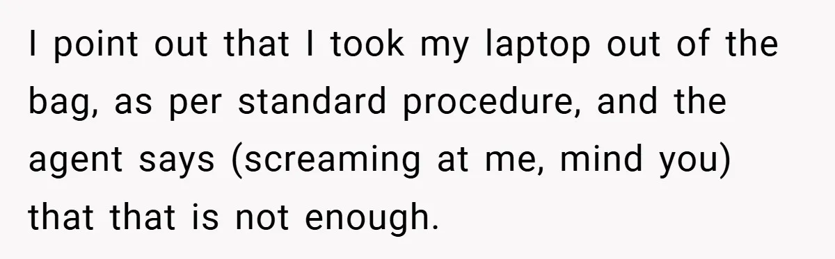 I point out that I took my laptop out of the bag, as per standard procedure, and the agent says (screaming at me, mind you) that that is not enough.