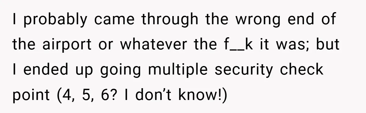 I probably came through the wrong end of the airport or whatever the f__k it was; but I ended up going multiple security check point (4, 5, 6? I don’t...