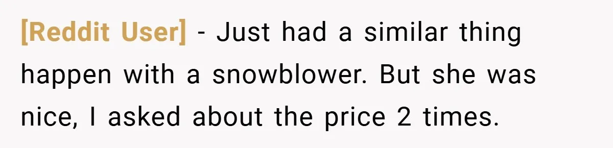 [Reddit User] − Just had a similar thing happen with a snowblower. But she was nice, I asked about the price 2 times.