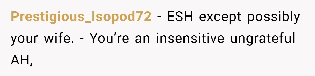 Prestigious_Isopod72 − ESH except possibly your wife. - You’re an insensitive ungrateful AH,