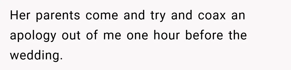 Her parents come and try and coax an apology out of me one hour before the wedding.