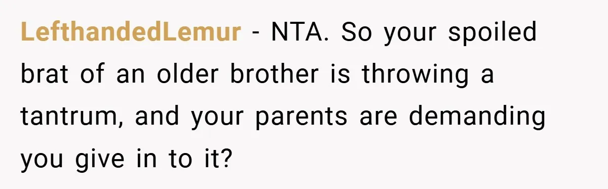 LefthandedLemur − NTA. So your spoiled brat of an older brother is throwing a tantrum, and your parents are demanding you give in to it?