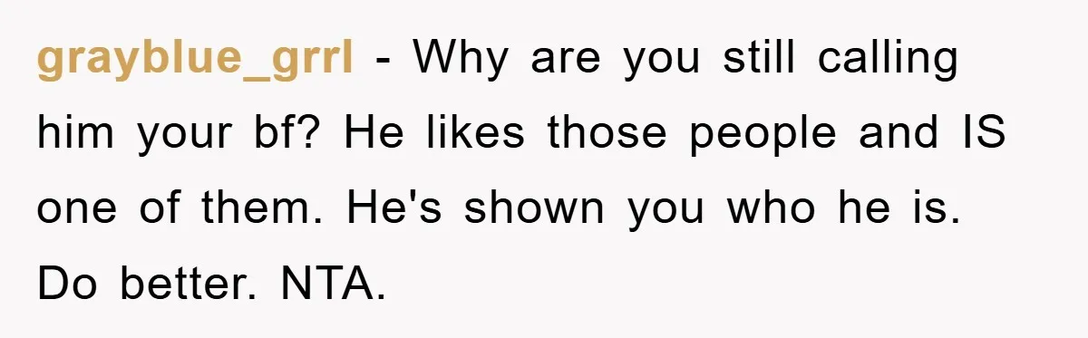 grayblue_grrl − Why are you still calling him your bf? He likes those people and IS one of them. He's shown you who he is. Do better. NTA.