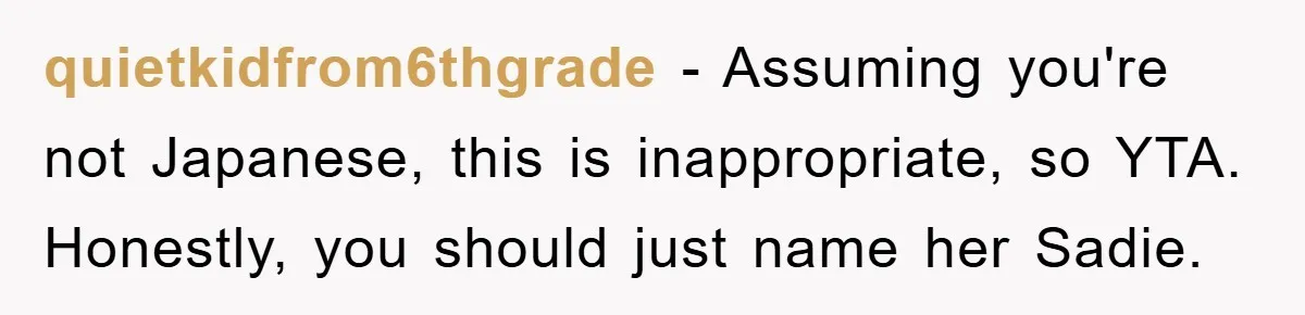 quietkidfrom6thgrade − Assuming you're not Japanese, this is inappropriate, so YTA. Honestly, you should just name her Sadie.