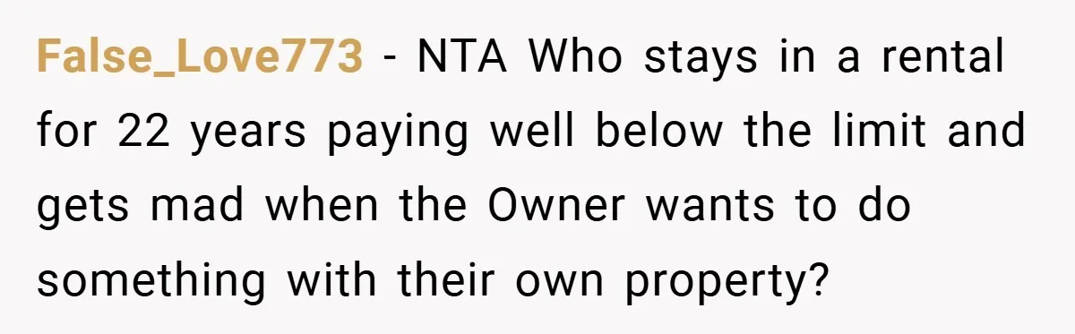 False_Love773 − NTA Who stays in a rental for 22 years paying well below the limit and gets mad when the Owner wants to do something with their own property?