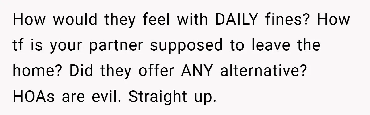 How would they feel with DAILY fines? How tf is your partner supposed to leave the home? Did they offer ANY alternative? HOAs are evil. Straight up.