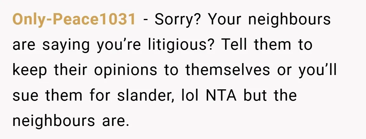 Only-Peace1031 − Sorry? Your neighbours are saying you’re litigious? Tell them to keep their opinions to themselves or you’ll sue them for slander, lol NTA but the neighbours are.