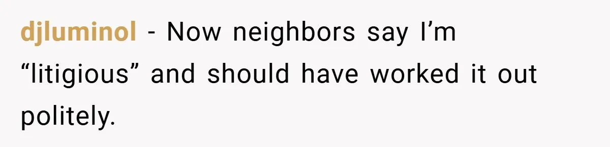 djluminol − Now neighbors say I’m “litigious” and should have worked it out politely.