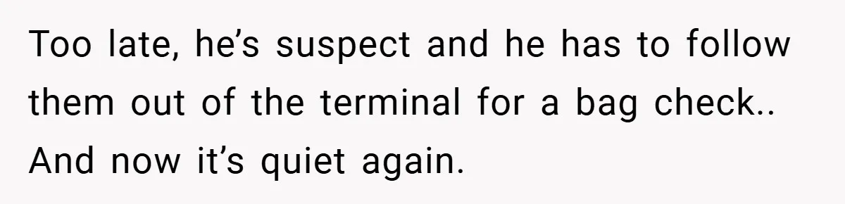 Too late, he’s suspect and he has to follow them out of the terminal for a bag check.. And now it’s quiet again.