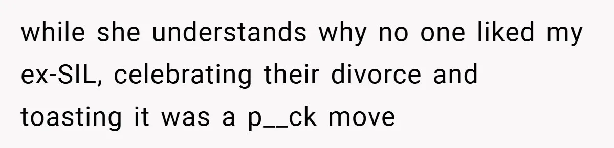 while she understands why no one liked my ex-SIL, celebrating their divorce and toasting it was a p__ck move