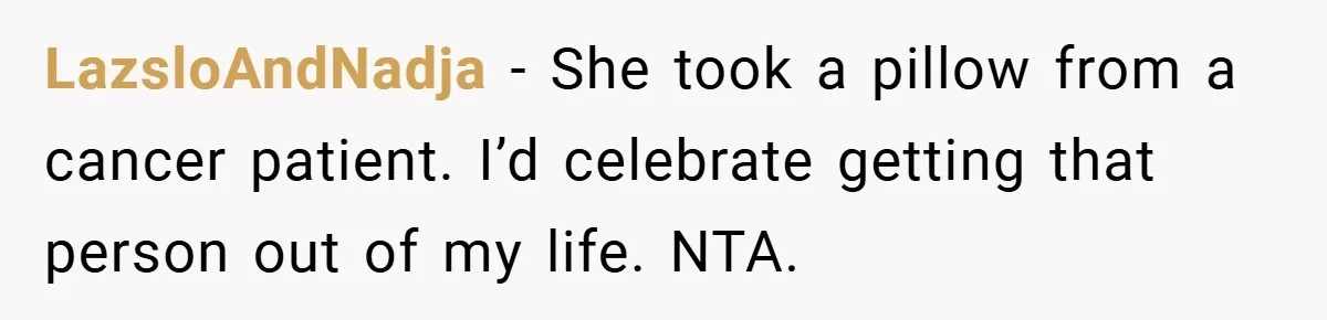 LazsloAndNadja − She took a pillow from a cancer patient. I’d celebrate getting that person out of my life. NTA.