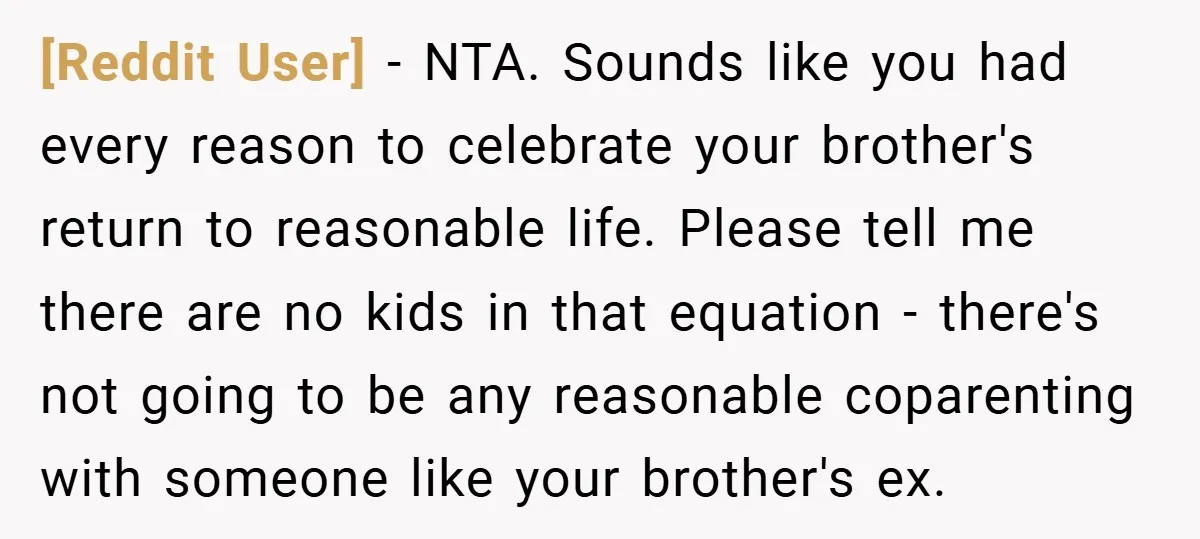 [Reddit User] − NTA. Sounds like you had every reason to celebrate your brother's return to reasonable life. Please tell me there are no kids in that equation - there's...