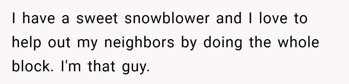 I have a sweet snowblower and I love to help out my neighbors by doing the whole block. I'm that guy.