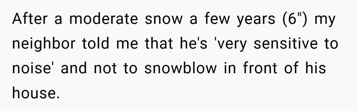 After a moderate snow a few years (6") my neighbor told me that he's 'very sensitive to noise' and not to snowblow in front of his house.