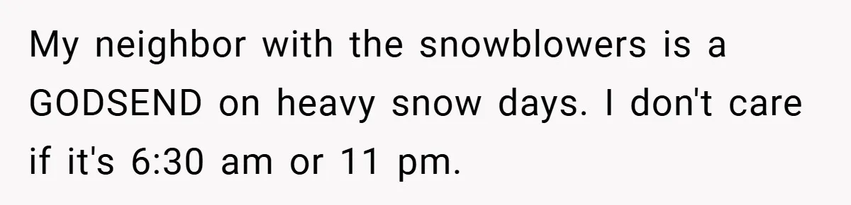 My neighbor with the snowblowers is a GODSEND on heavy snow days. I don't care if it's 6:30 am or 11 pm.