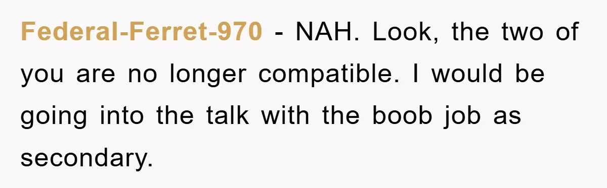 Federal-Ferret-970 − NAH. Look, the two of you are no longer compatible. I would be going into the talk with the boob job as secondary.