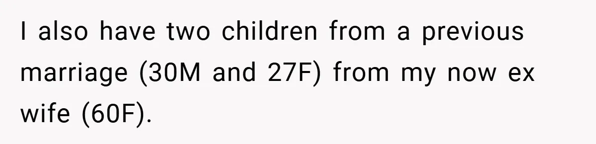 I also have two children from a previous marriage (30M and 27F) from my now ex wife (60F).
