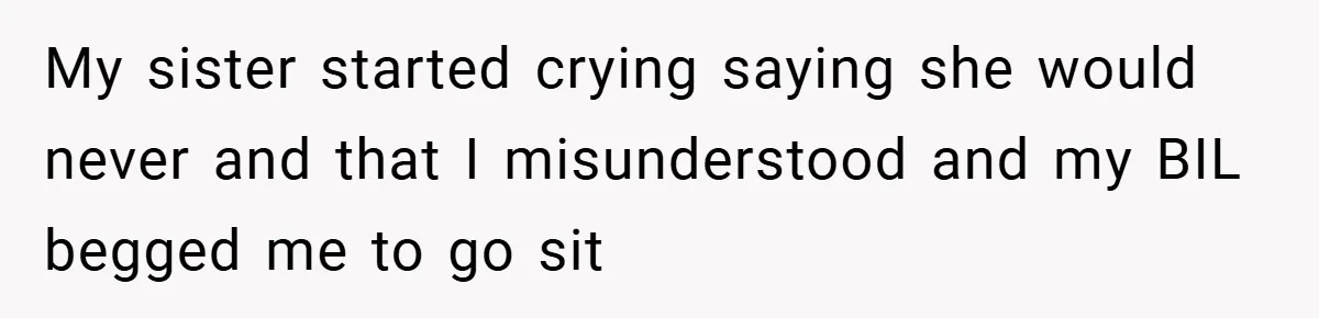 My sister started crying saying she would never and that I misunderstood and my BIL begged me to go sit
