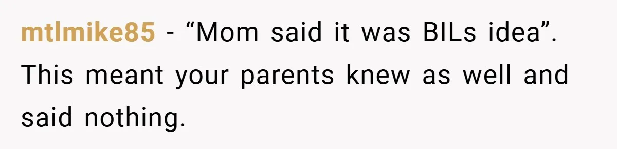 mtlmike85 − “Mom said it was BILs idea”. This meant your parents knew as well and said nothing.