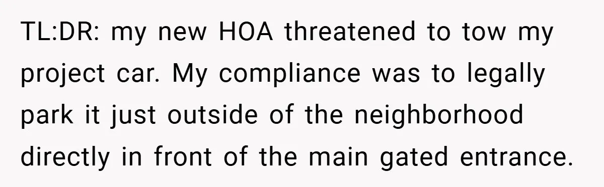 HOA Tried to Ban His Classic BMW - So He Parked It Legally Right in Front of Their Fancy Entrance for Everyone to See TL:DR: my new HOA threatened to tow my project car. My compliance was to legally park it just outside of the neighborhood directly in front of the main gated entrance.