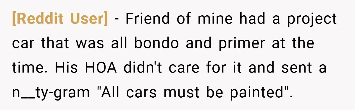 [Reddit User] − Friend of mine had a project car that was all bondo and primer at the time. His HOA didn't care for it and sent a n__ty-gram "All...