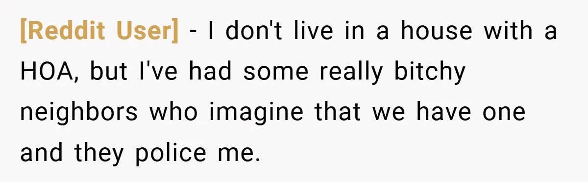 [Reddit User] − I don't live in a house with a HOA, but I've had some really bitchy neighbors who imagine that we have one and they police me.