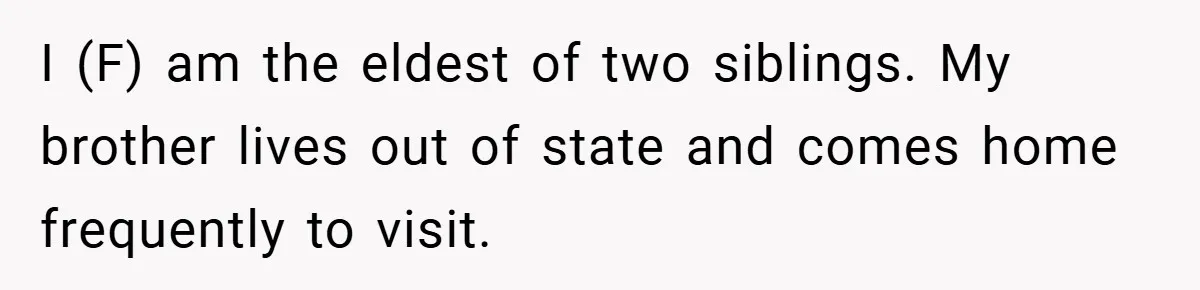 I (F) am the eldest of two siblings. My brother lives out of state and comes home frequently to visit.