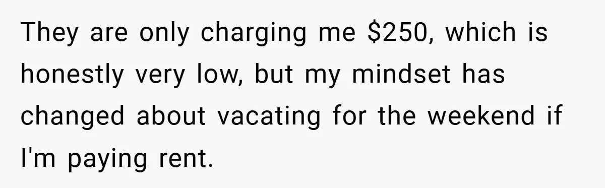 They are only charging me $250, which is honestly very low, but my mindset has changed about vacating for the weekend if I'm paying rent.