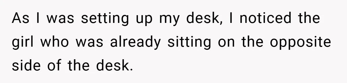 As I was setting up my desk, I noticed the girl who was already sitting on the opposite side of the desk.